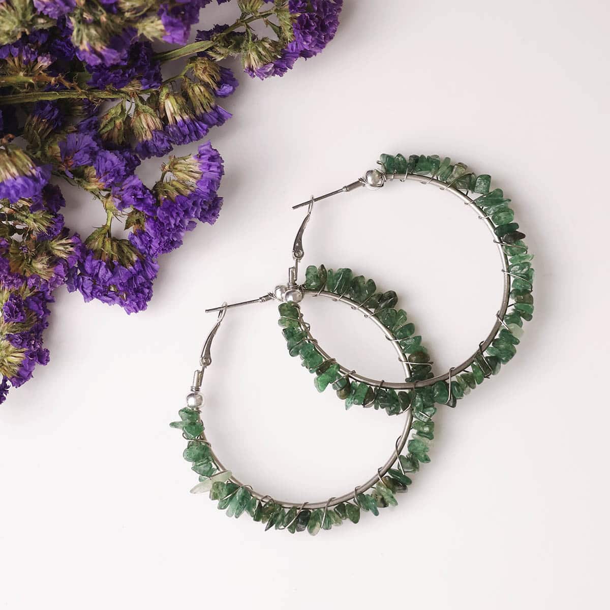 Green Jade Chips Huggie Hoops Earring