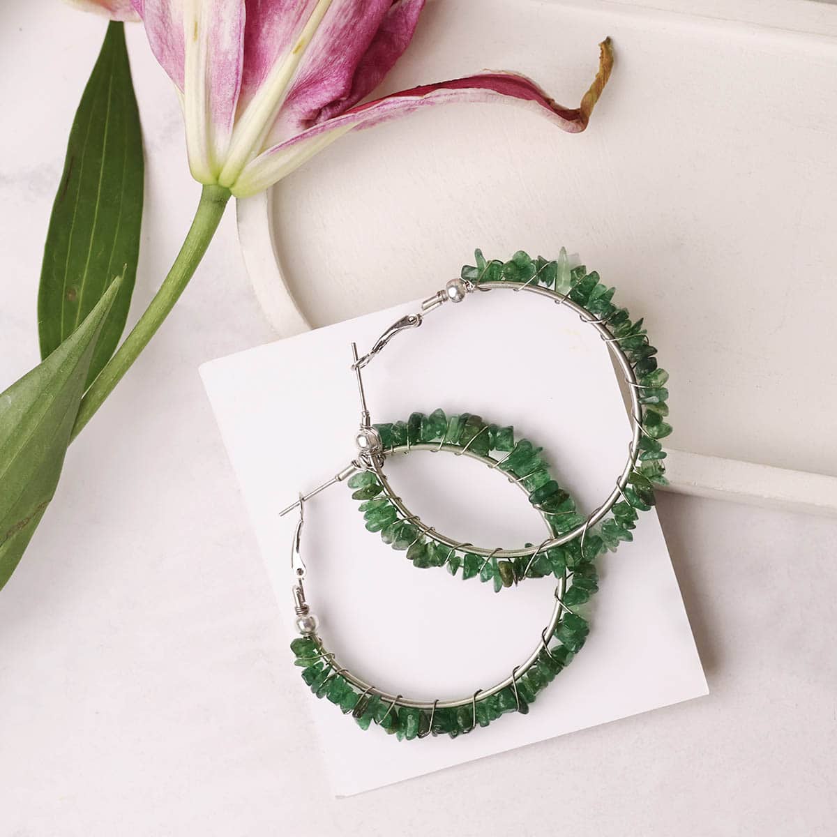 Green Jade Chips Huggie Hoops Earring