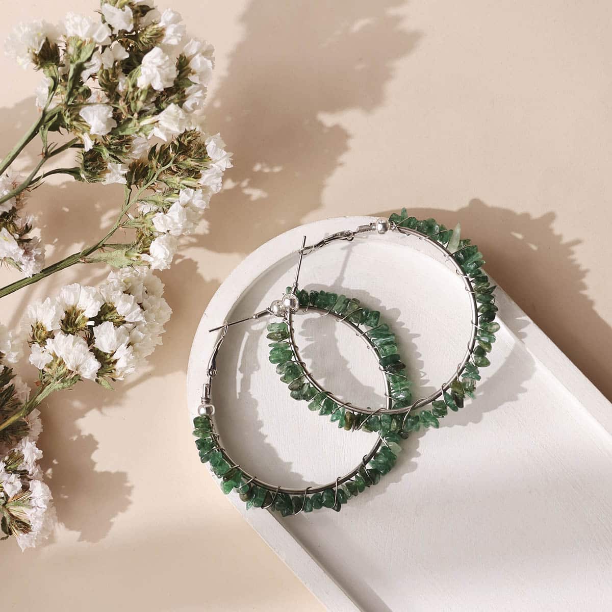 Green Jade Chips Huggie Hoops Earring