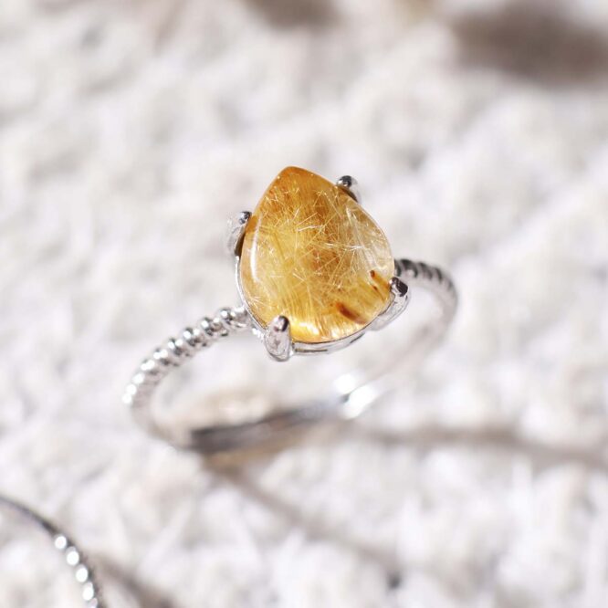 Golden Rutile In Silver Ring Drop Shape