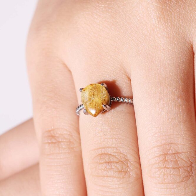 Golden Rutile In Silver Ring Drop Shape