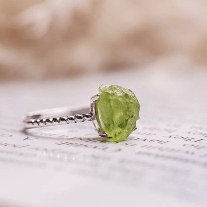 Peridot Raw In Silver Ring