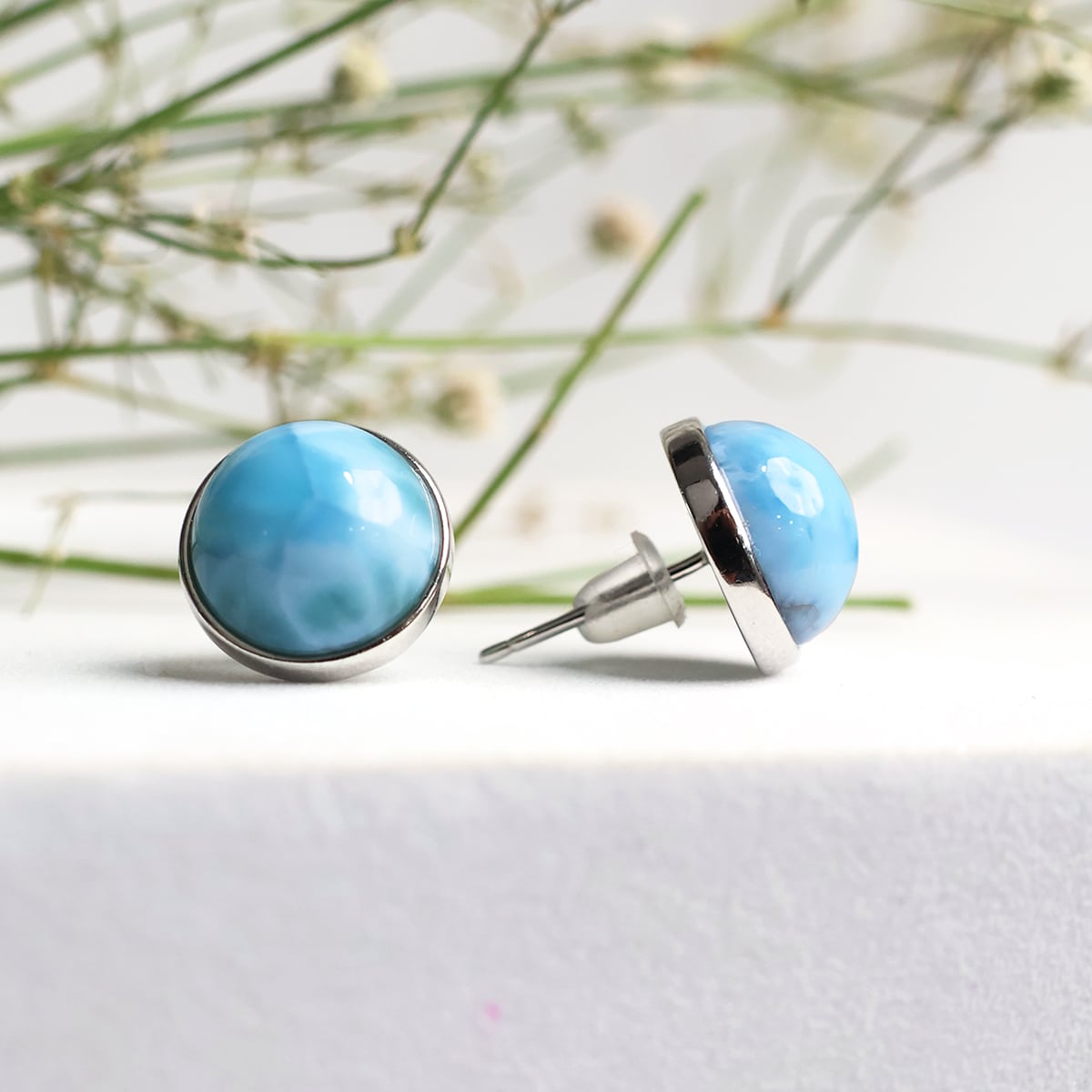 Larimar Stud Big Earrings in Silver